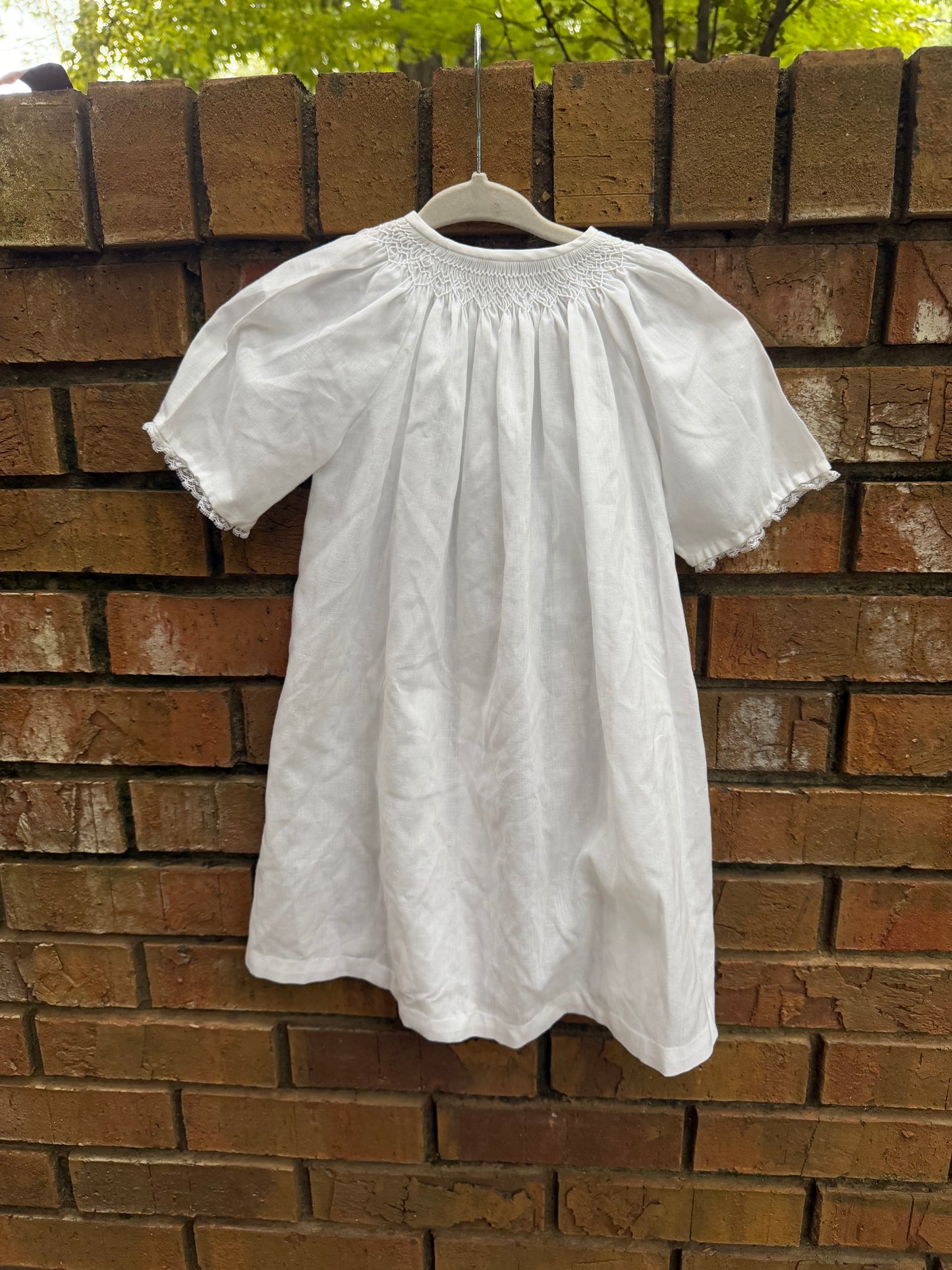 Newborn White Smocked Short-sleeve Gown with Lace Trim EUC