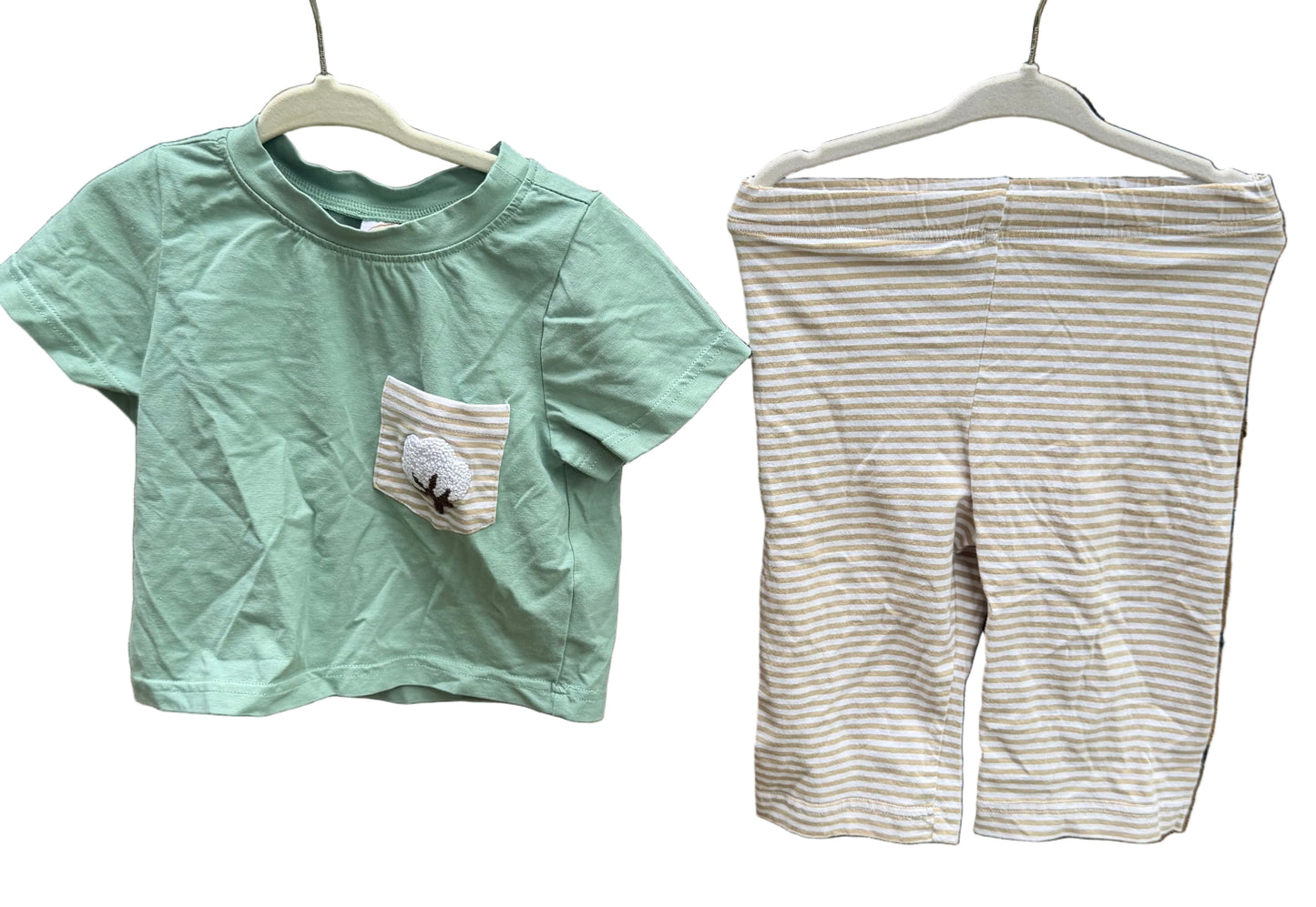 12M Grace Honey Smocks Green Magnolia Pocket Shirt with Matching Striped Pants GUC