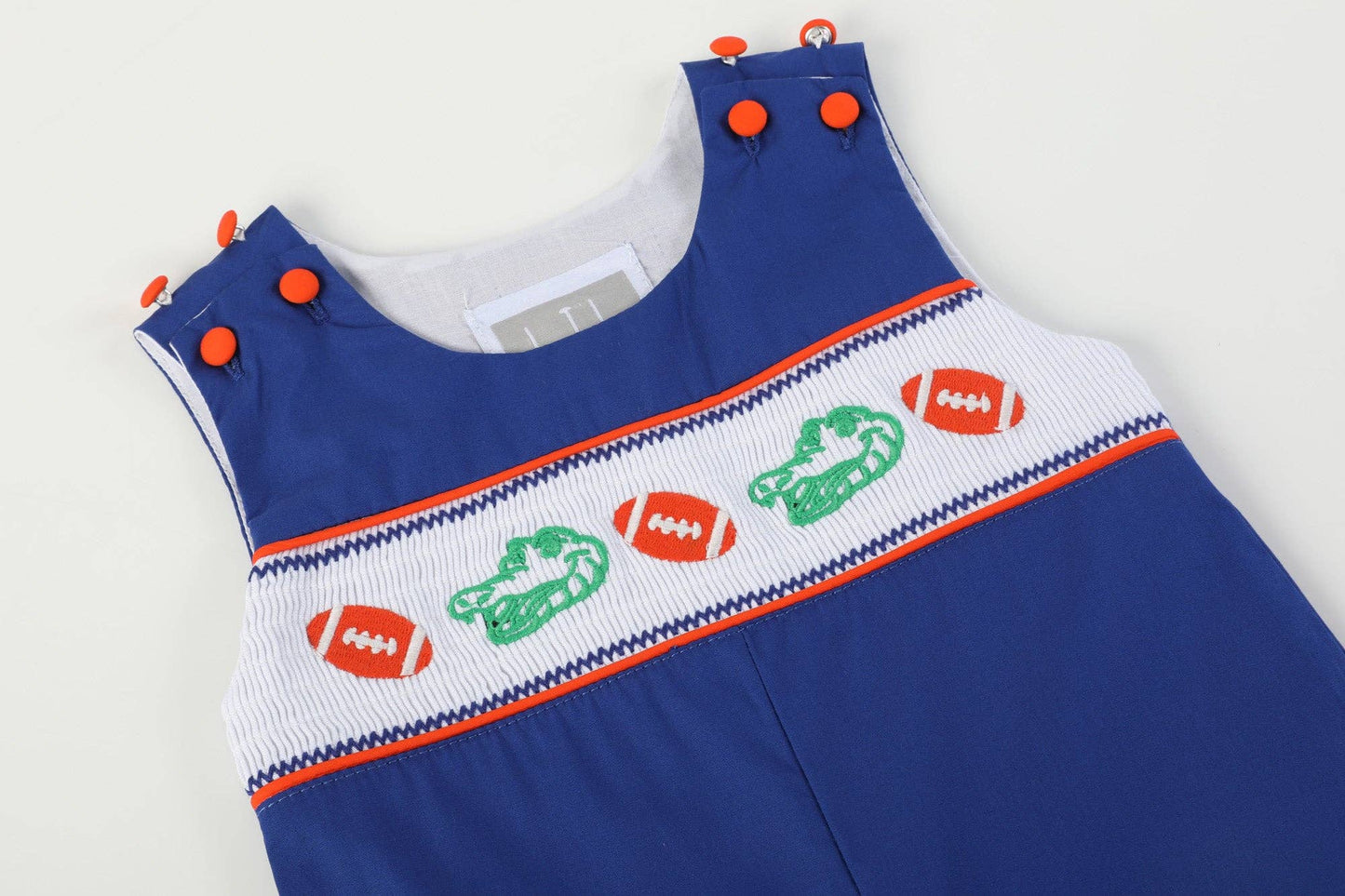 12-18M | Lil Cactus | Blue and Orange Football Smocked Overalls | NWT