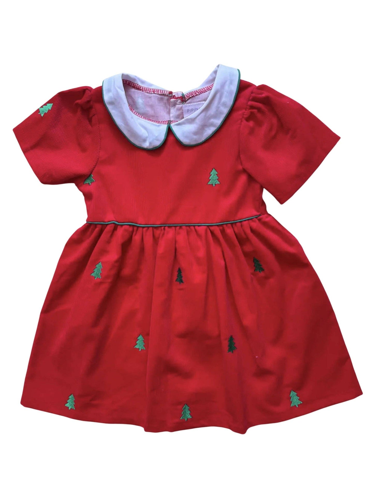 3Y | Piping Prints | Red Corduroy Dress with Green Christmas Trees | NWT