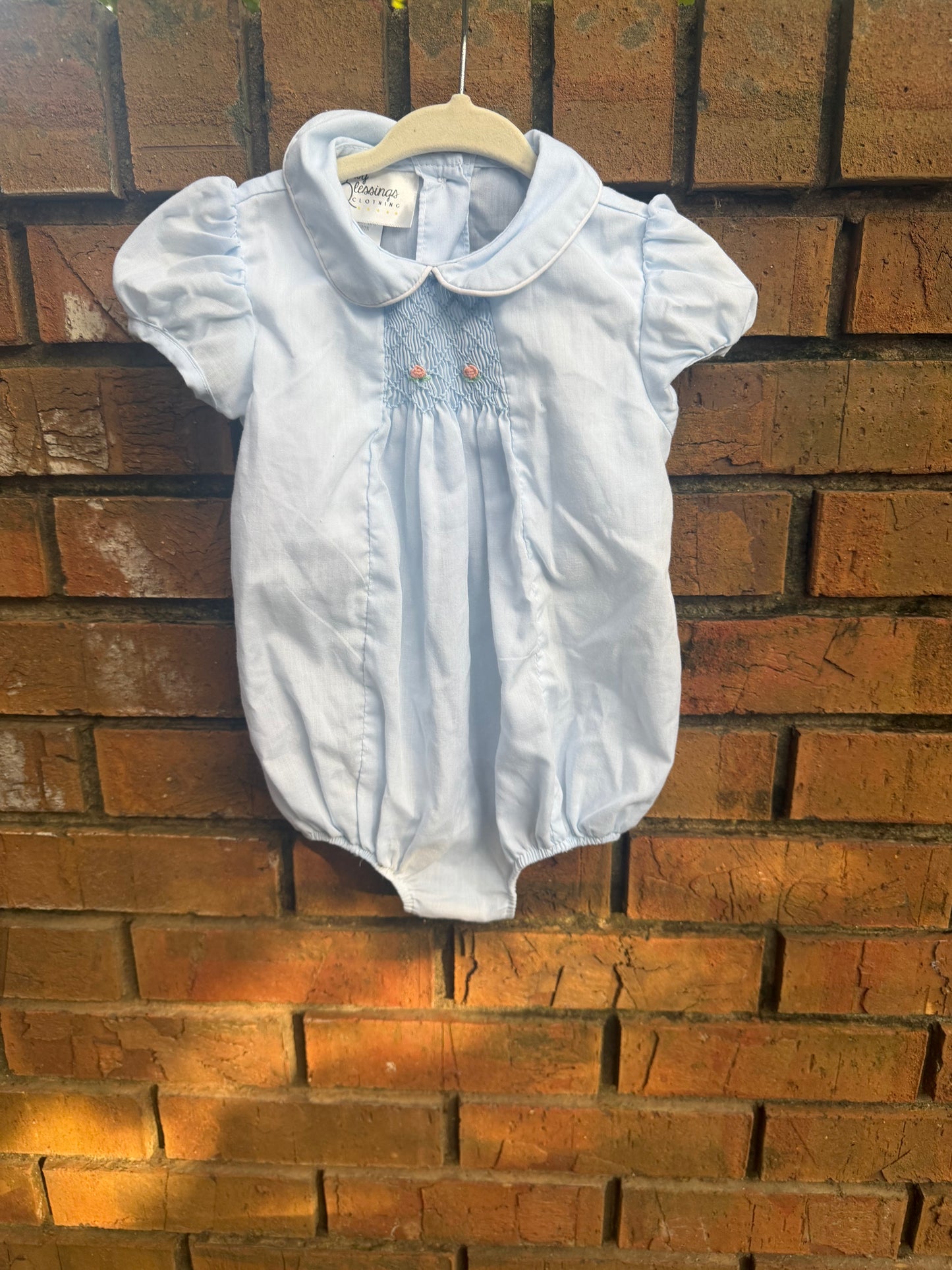 6M Baby Blessings Clothing Baby Blue Peter Pan Collar Smocked Bubble GUC
