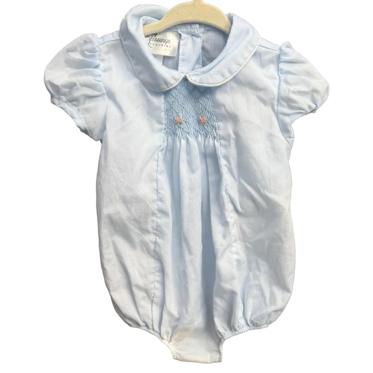 6M Baby Blessings Clothing Baby Blue Peter Pan Collar Smocked Bubble GUC