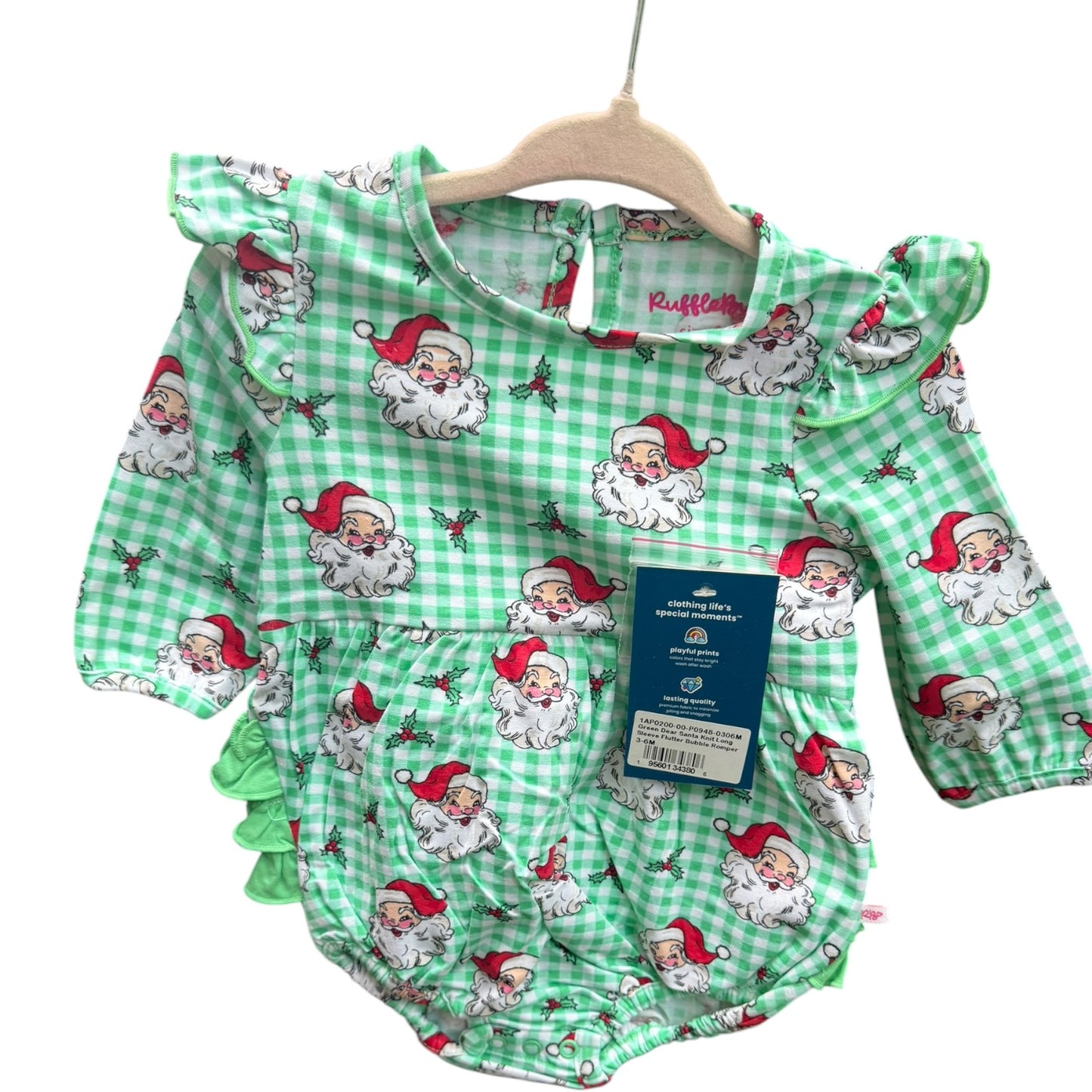 3-6M Ruffle Butts Green Dear Santa Knit Long-sleeve Fluuter Bubble NWT