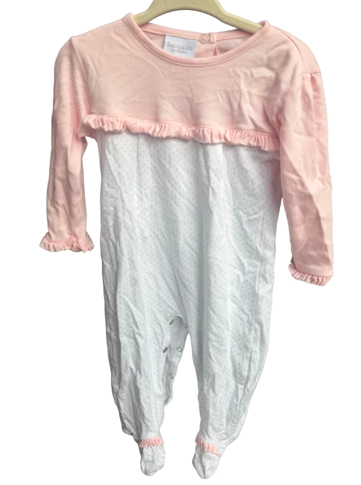 6-9M Squiggles by Charlie Baby Pink and White with Blue Polka Dots Long-sleeve Ruffle Romper EUC