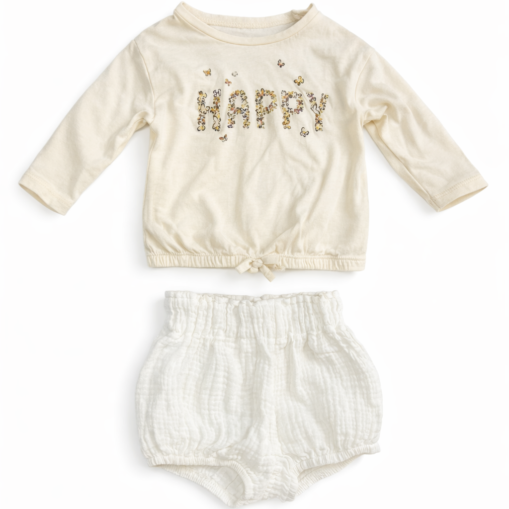 Carter's & Kids Tales Happy Shirt & White Shorts Set size 9M excellent used condition