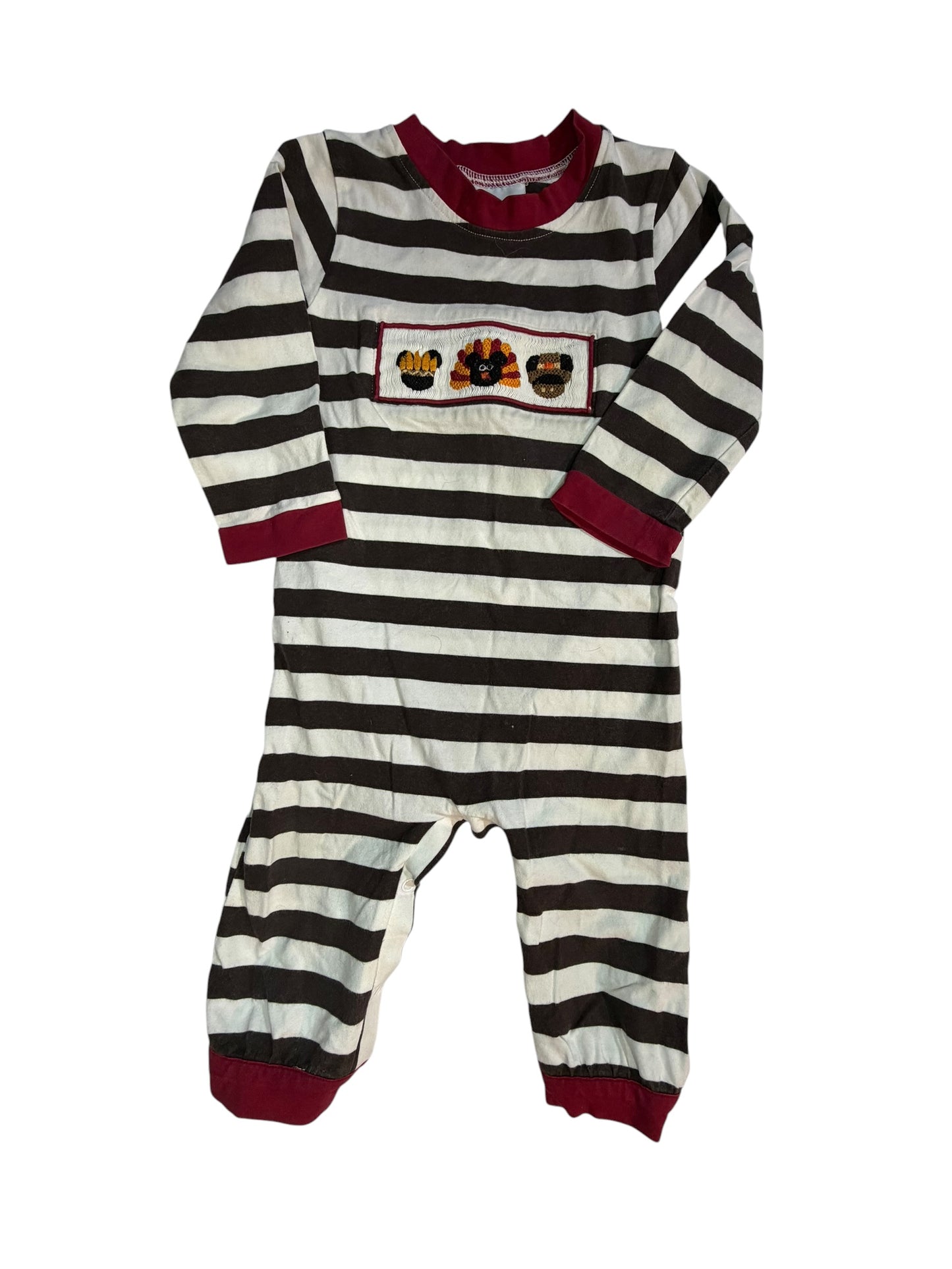 12M Awe Smock Brown and White and Red Striped Turkey Smocked Long-sleeve Longall GUC