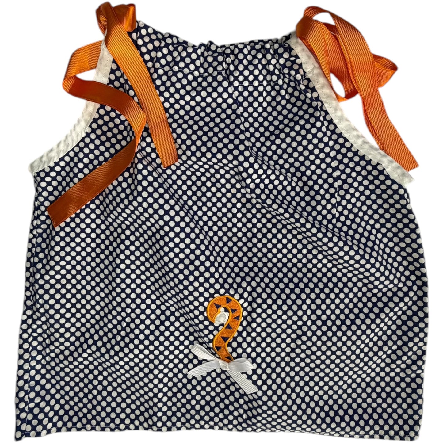 Blue, White & Orange Polka Dot Aubie Ribbon Dress EUC size Est. 2T gently used
