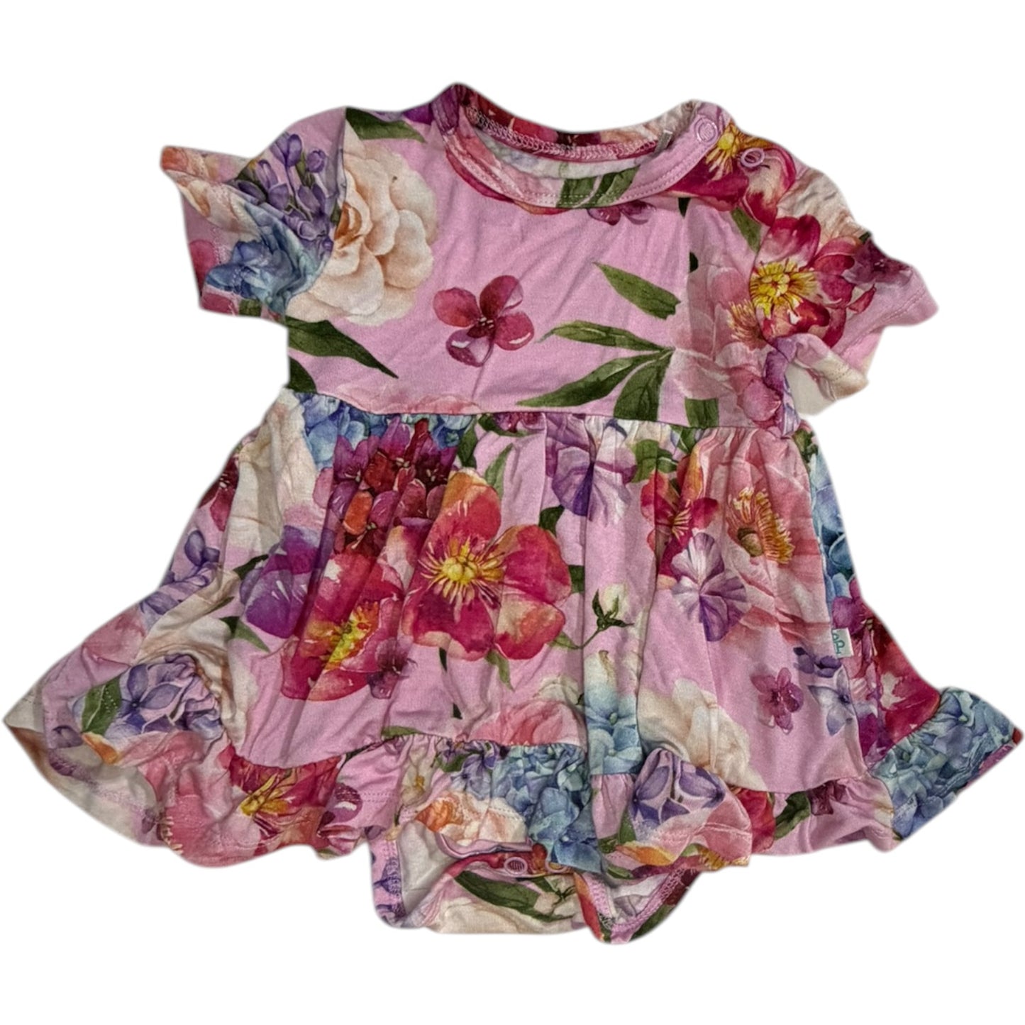 Posh Peanut Pink Floral Short-Sleeve Ruffle Bamboo Onesie Dress size 3-6M good used condition