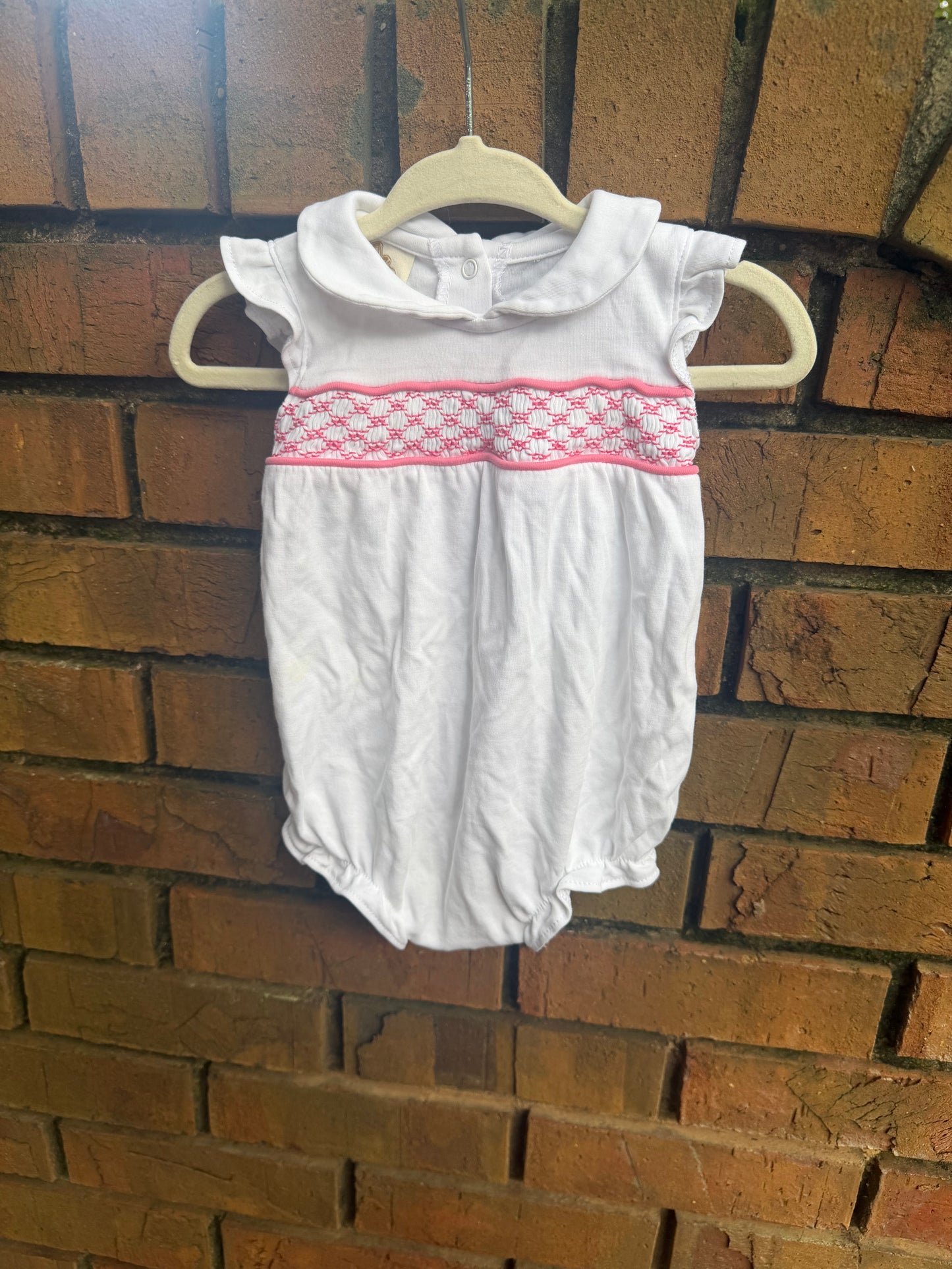 3-6M TBBC White and Pink Stitched Ruffle Bubble with Peter Pan Collar Play