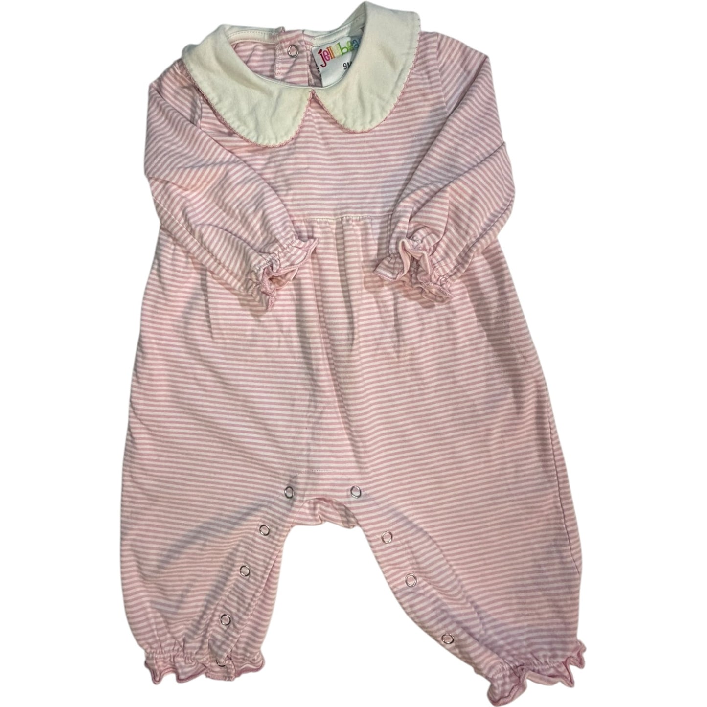 Jelly Bean Baby Pink & White Long-Sleeve Ruffle Romper with Peter Pan Collar size 9M good used condition
