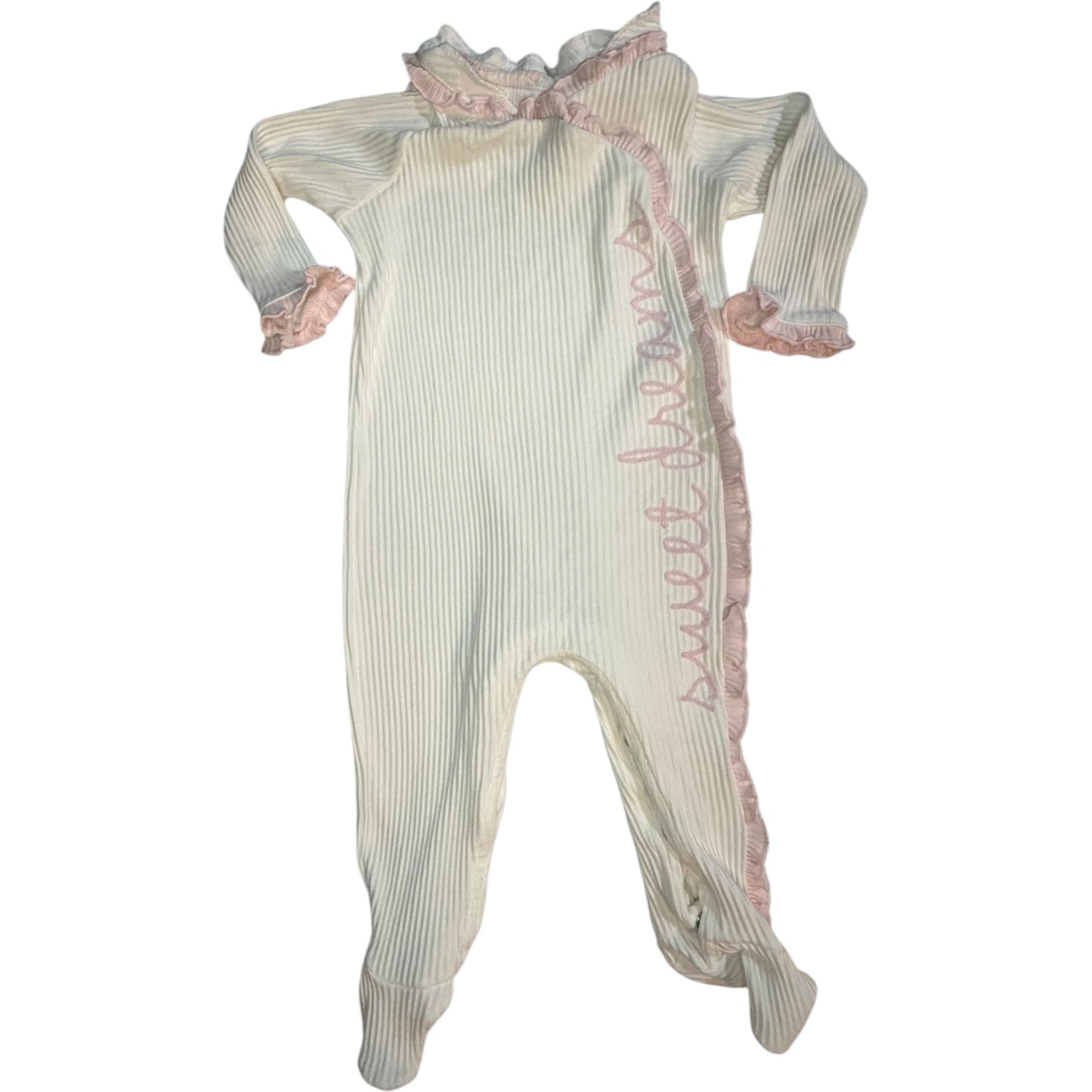 Mud Pie White & Baby Pink "Sweet Dreams" Ruffle Long-Sleeve Footed Sleeper size 6-9M excellent used condition