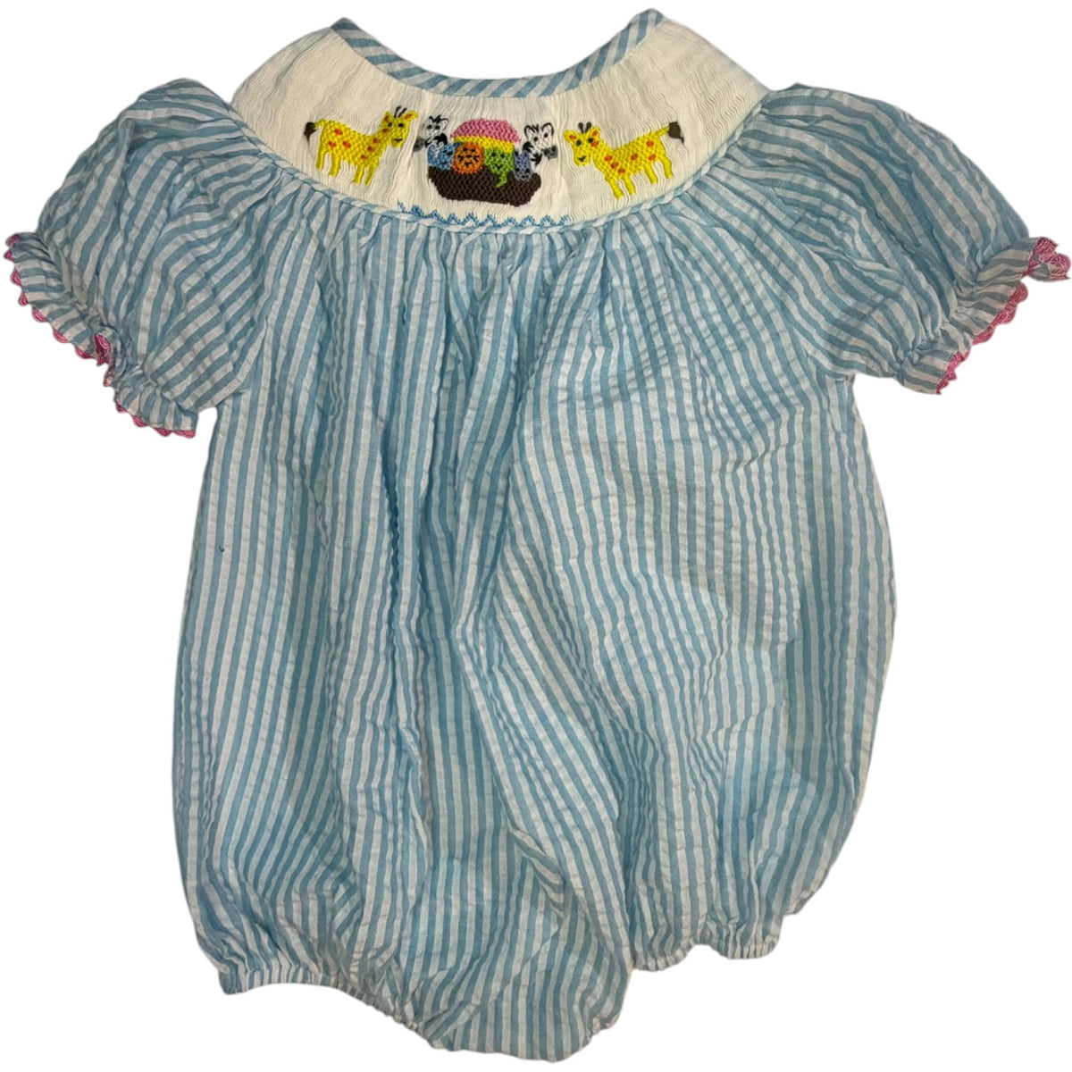 18M The Smocking Sisters Blue and White Seersucker Dress with Noah's Ark Smocked Collar EUC