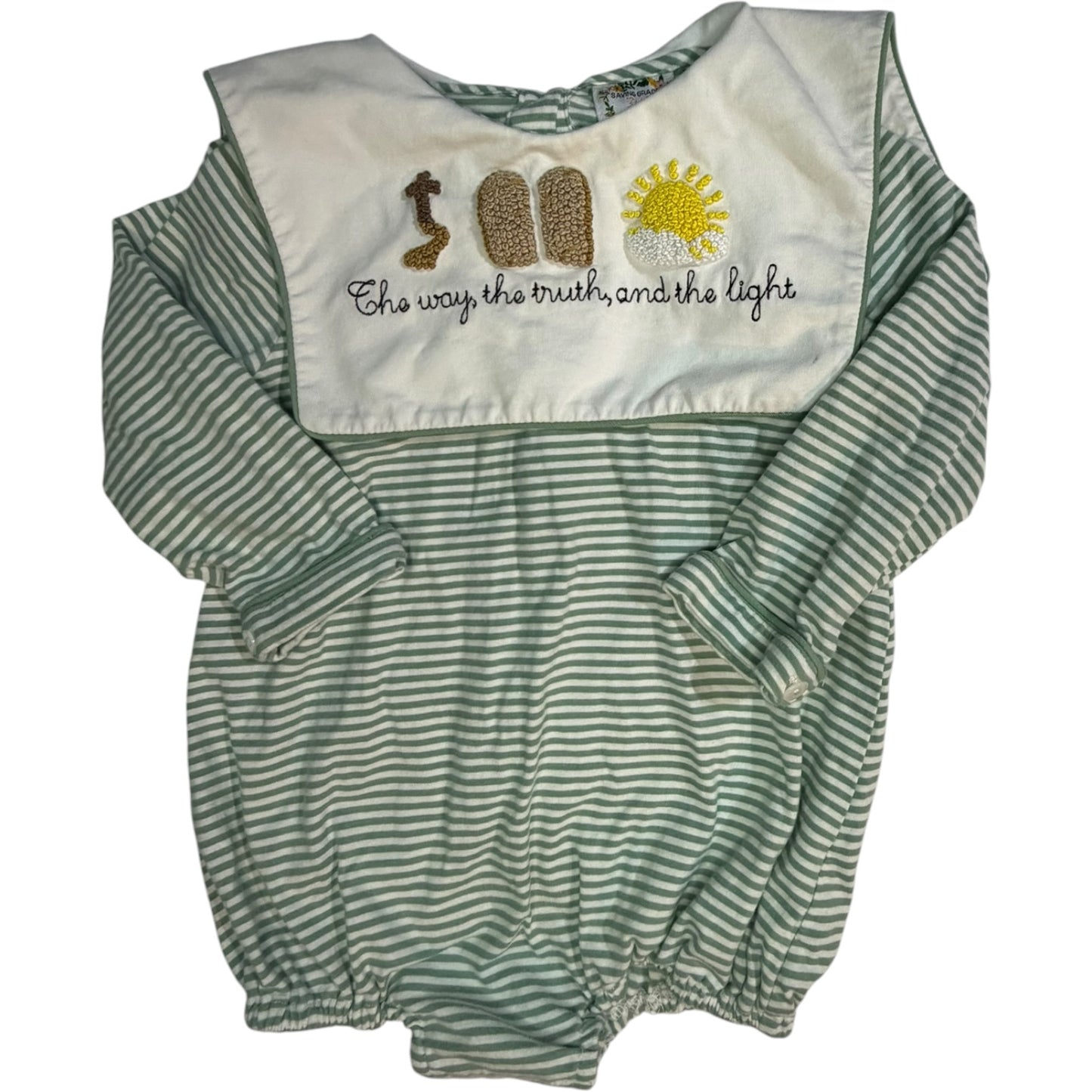 24M Saving Grace Smocks The Way, The Truth, and the Light Green and White Striped Long-sleeve Collared Bubble GUC