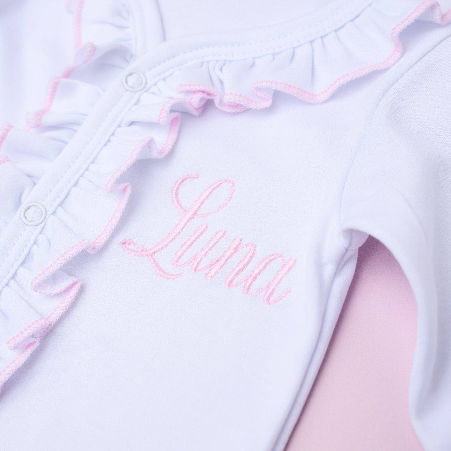 9M | Magnolia Baby | Baby Girl White Ruffle Footie with Pink Trim | NWT