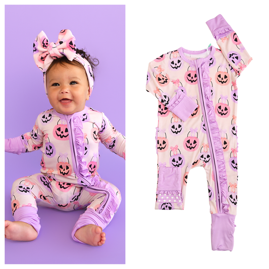 0-3M | Gigi and Max | Emmy Ruffle Zip Bamboo Halloween Pumpkins Baby Outfit | NWT
