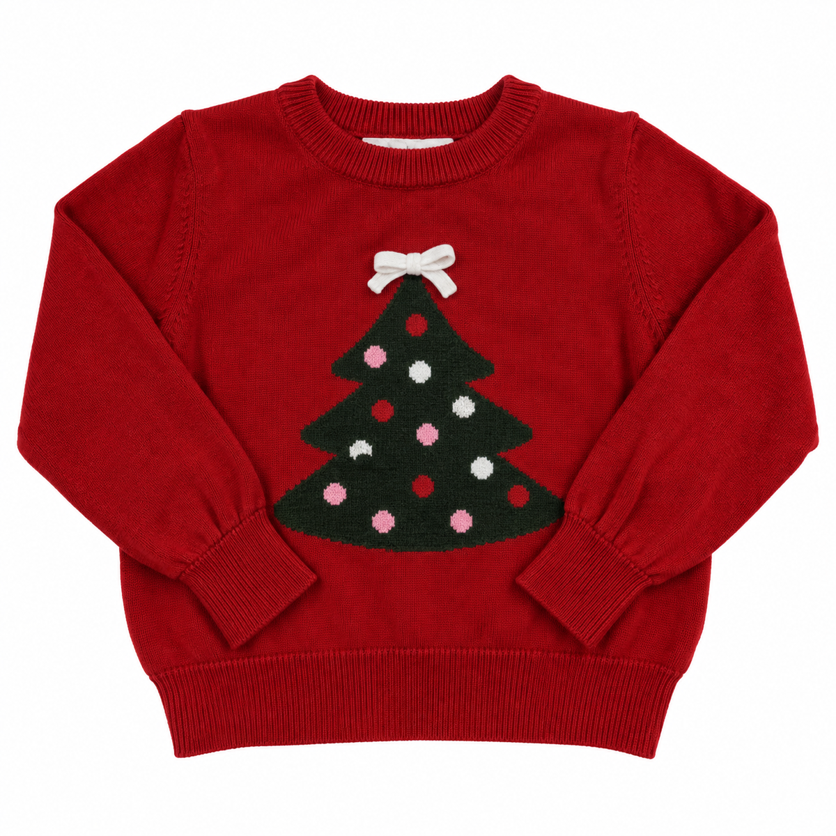 Red Girlhood Christmas tree sweater with white bow