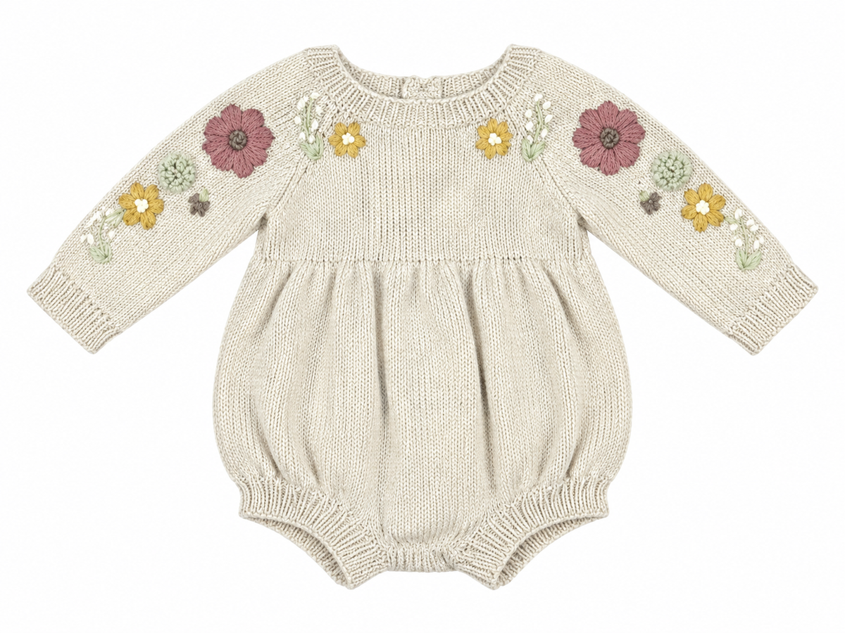 0M Shirley Bradford light tan embroidered floral sweater bubble EUC