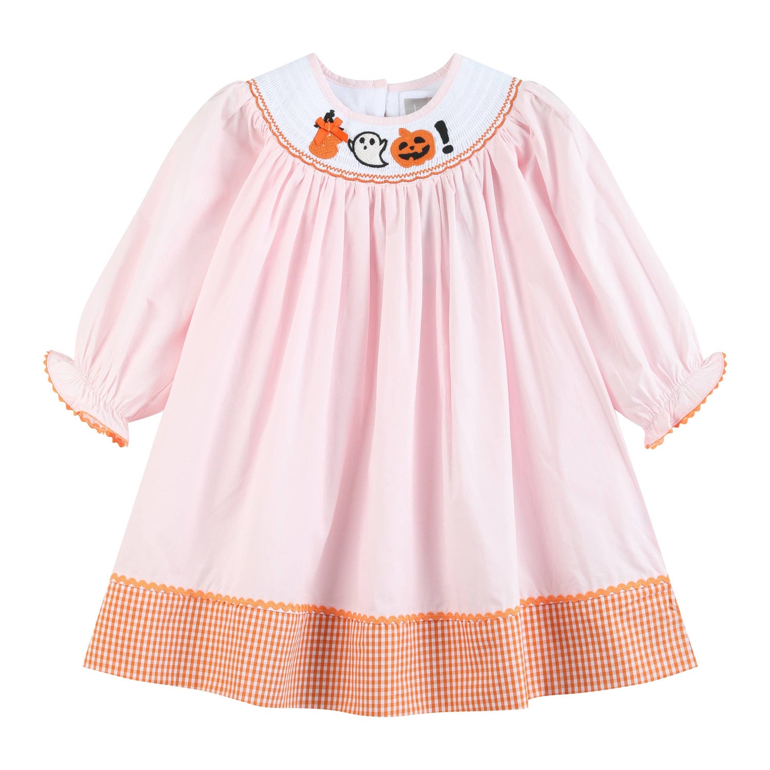 Pink and orange gingham Boo smocked bishop dress, size 2T