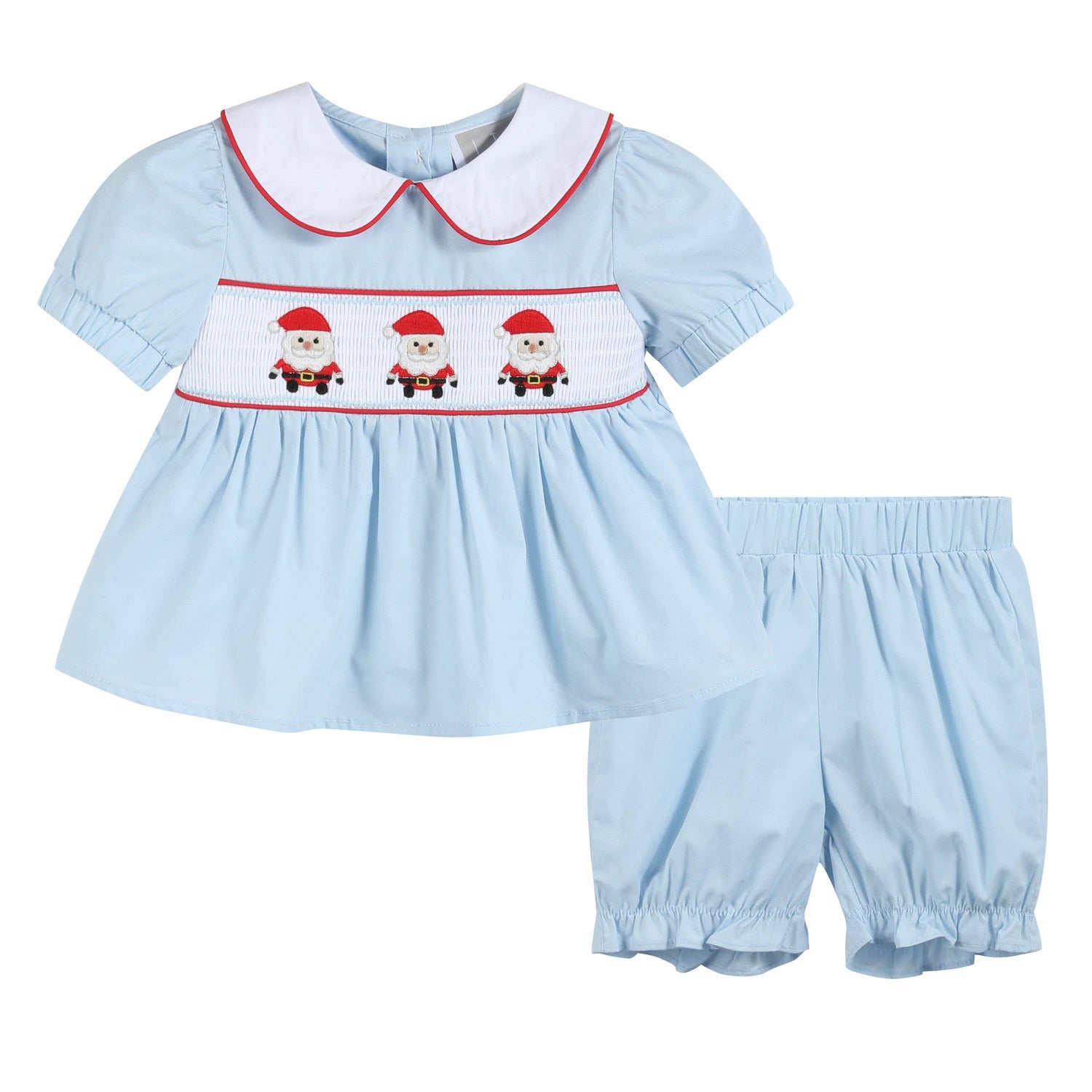 Light blue Santa smocked dress and bloomers, size 18–24M