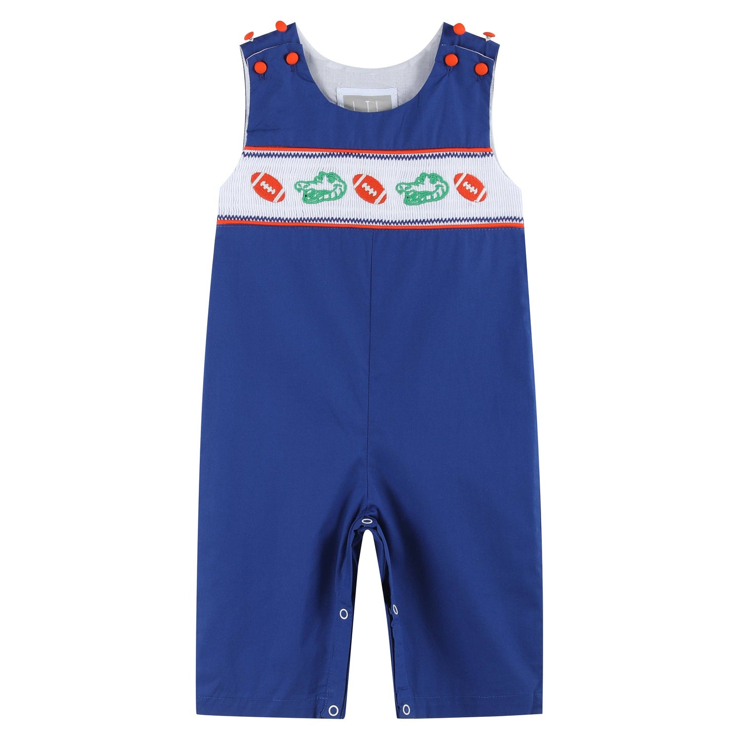 Lil Cactus blue and orange football smocked overalls