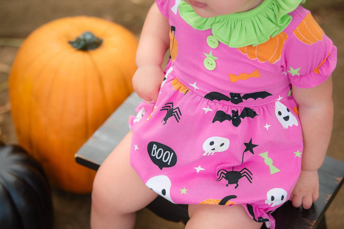 6M | Posh Pickle | Boo! Pink Knit Halloween Print Bubble with Lime Green Ruffle Collar | NWT