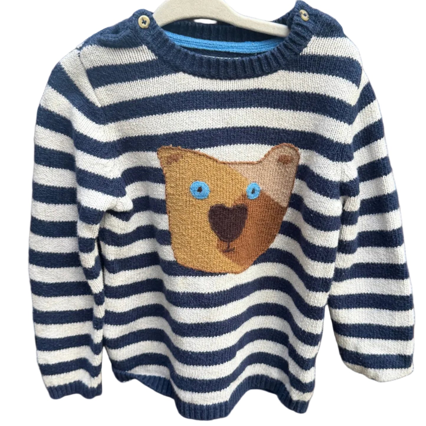 2-3 Years Baby Boden Navy and Grey Striped Bear Sweater EUC