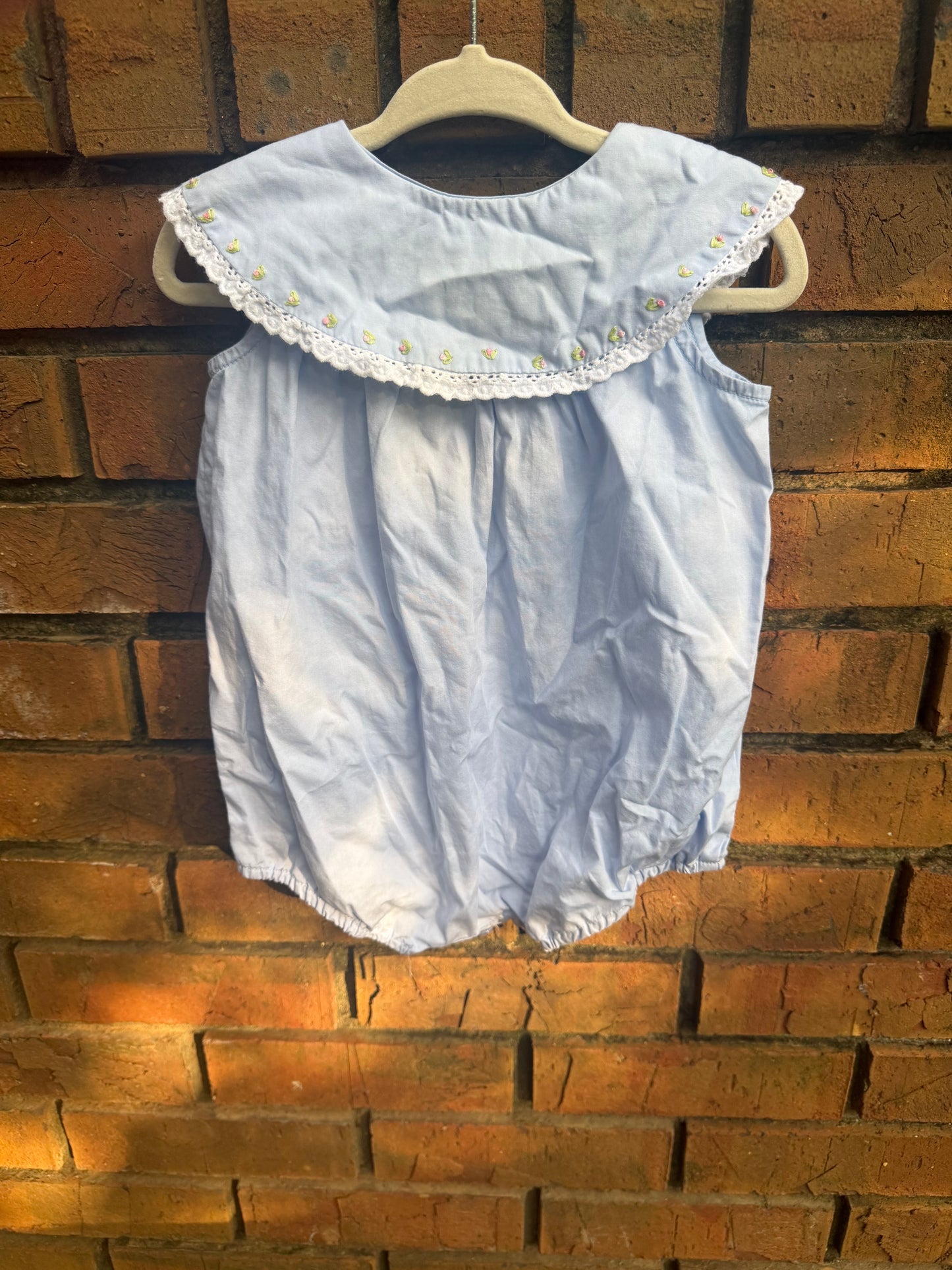 Est. 9M Sophie & Lucas Stitched Baby Blue Bubble with Lace Collar Trim GUC