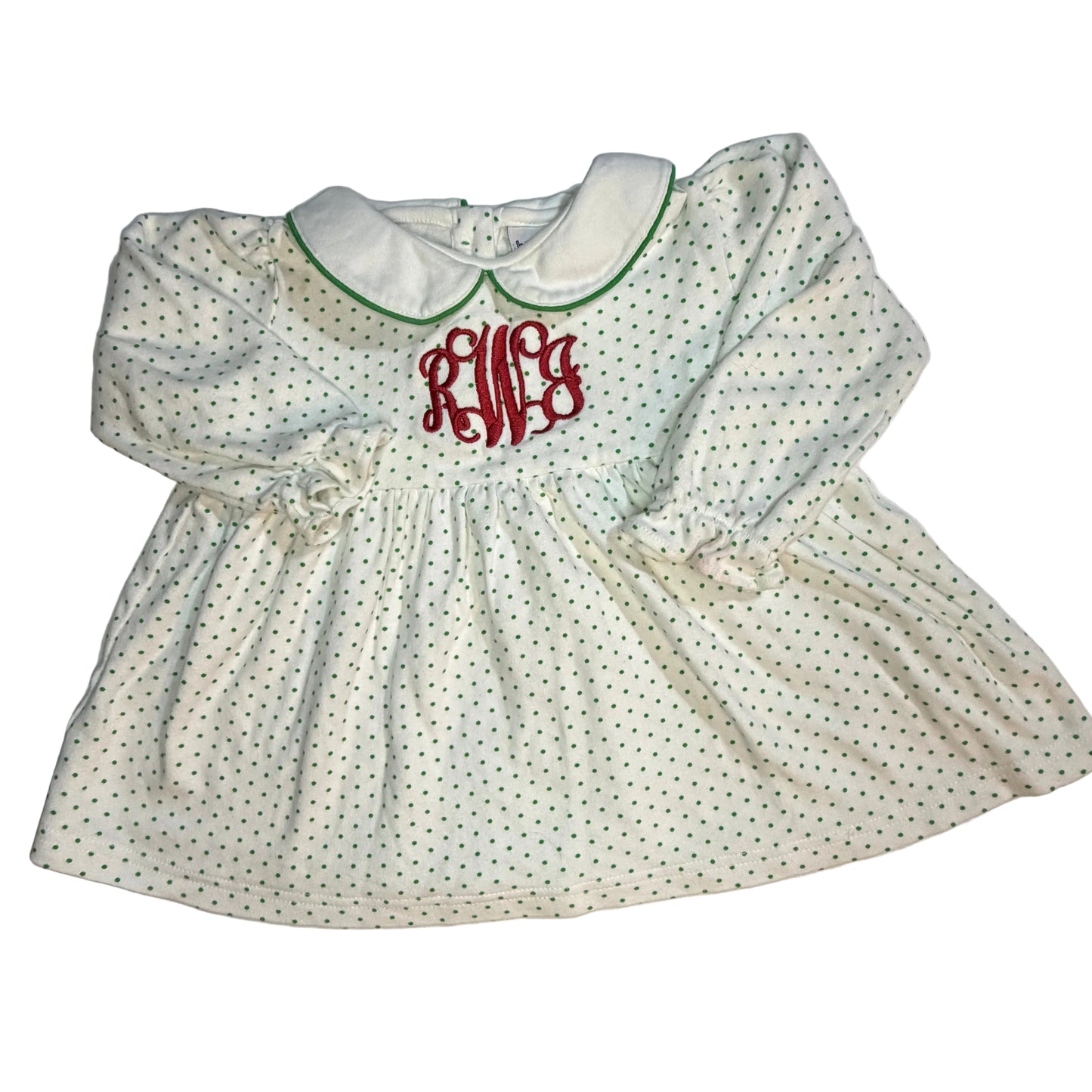 Bayou Blanks Green Polka Dot Ruffle Blouse with White Peter Pan Collar & "RWJ" Monogram size 18M good used condition