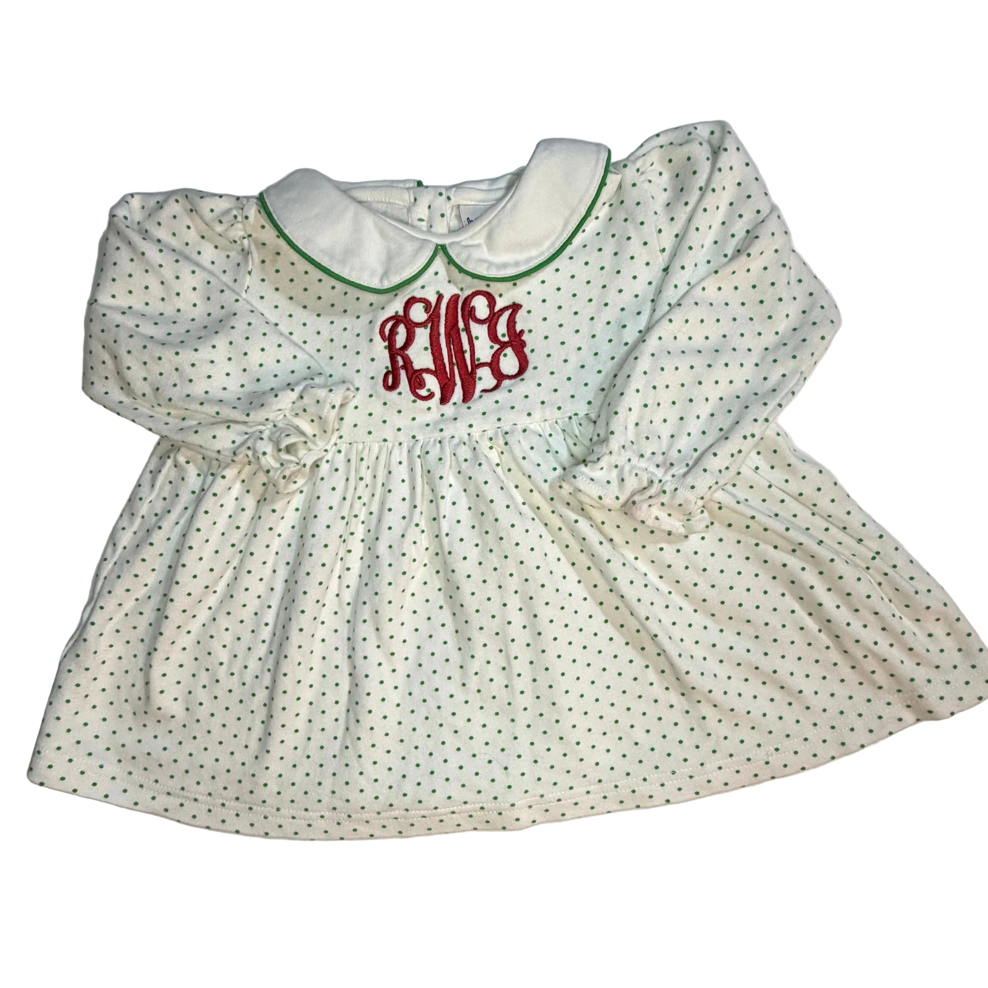 Bayou Blanks Green Polka Dot Ruffle Blouse with White Peter Pan Collar & "RWJ" Monogram size 18M good used condition