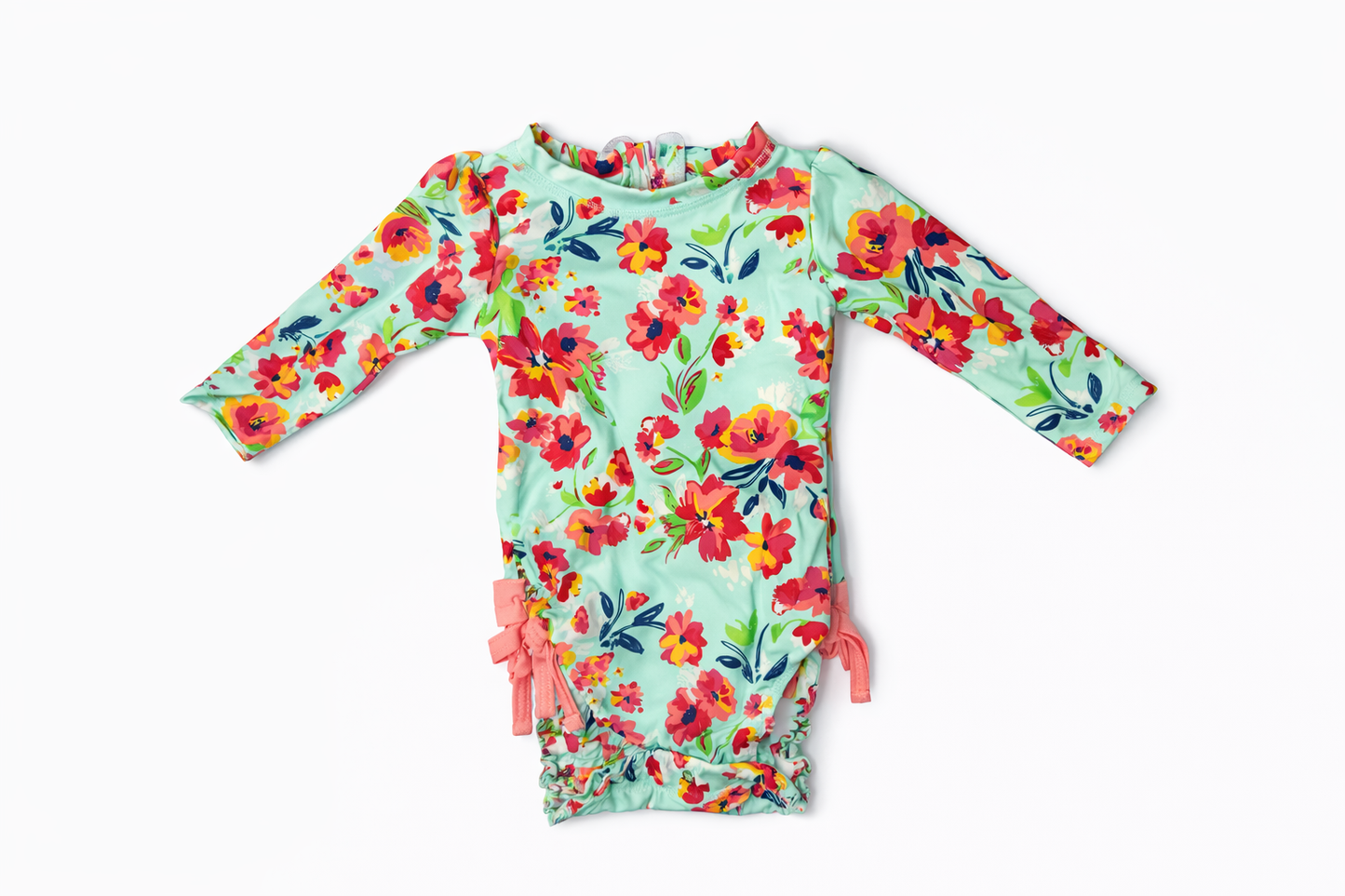 Ruffle Butts Blue Long-Sleeve Floral Swimsuit size 6-12M excellent used condition