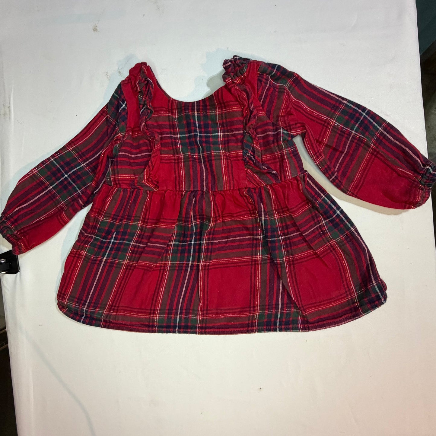 9-12M The Children's Place Christmas Plaid Long-sleeve Ruffle Dress GUC