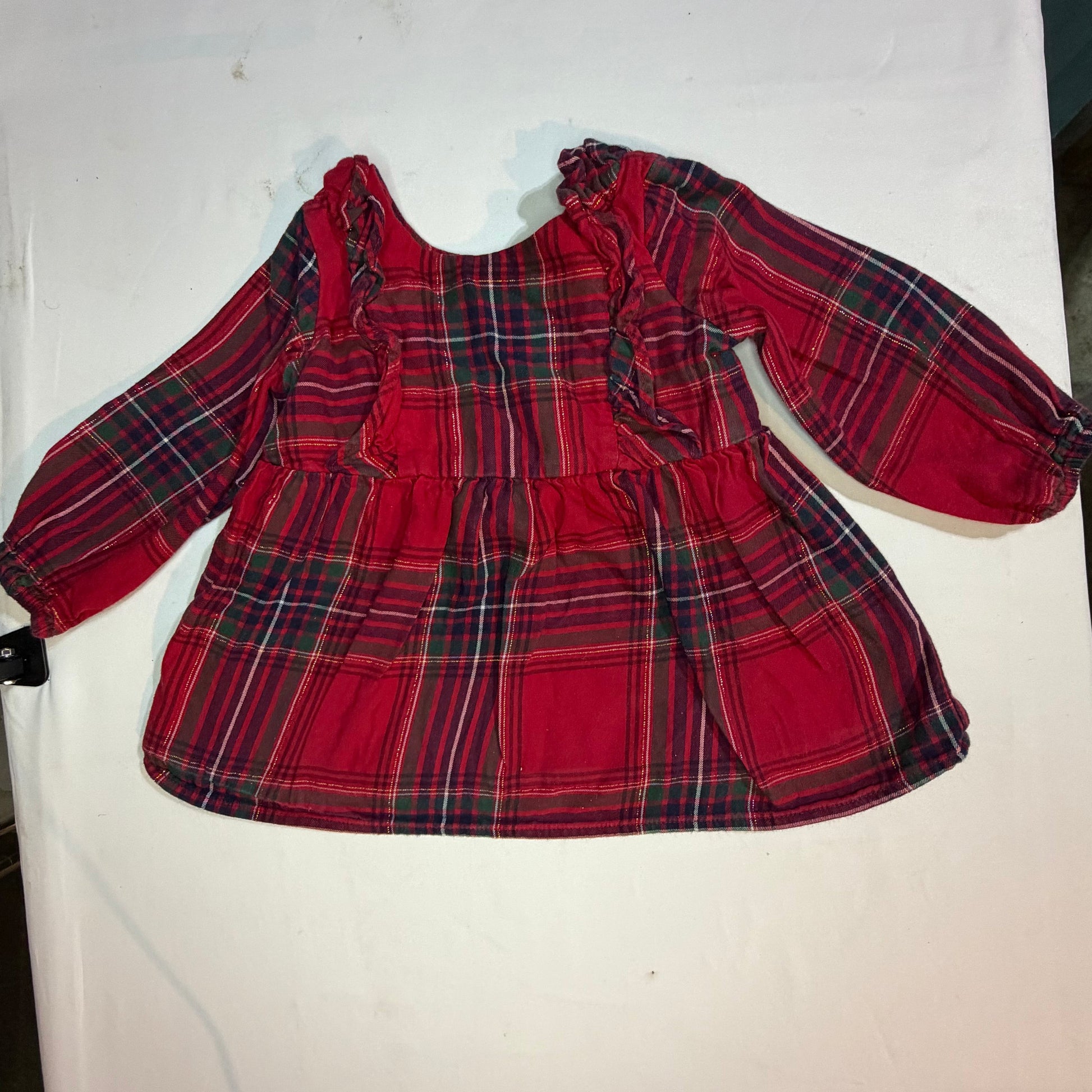 9-12M The Children's Place Christmas Plaid Long-sleeve Ruffle Dress GUC