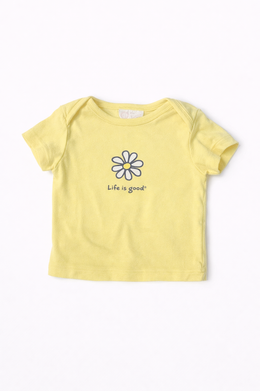 Old Navy Blue Jean Heart Bubble with Life is Good Yellow Shirt size 3-6M good used condition