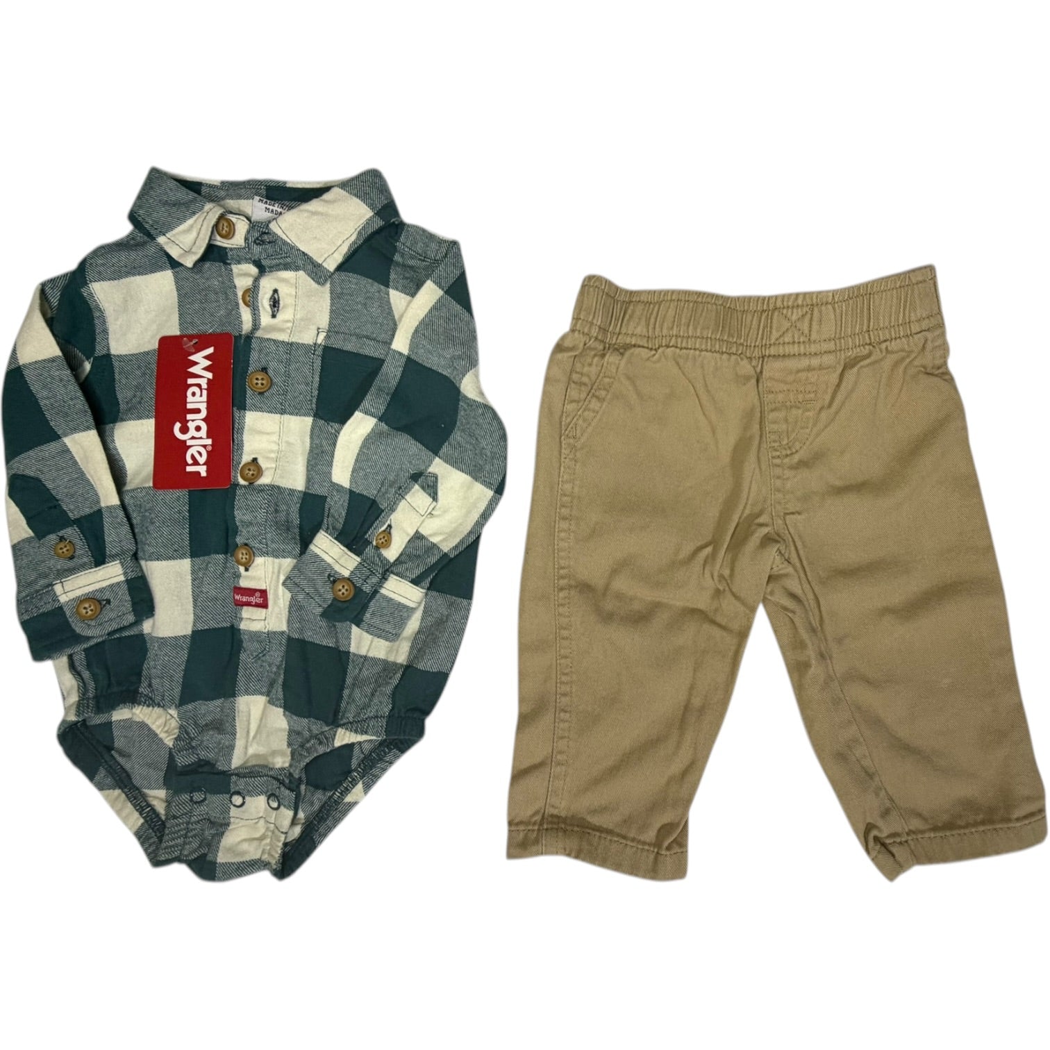 Wrangler Blue & White Checkered Bubble & Khaki Pants Set size 3-6M gently used