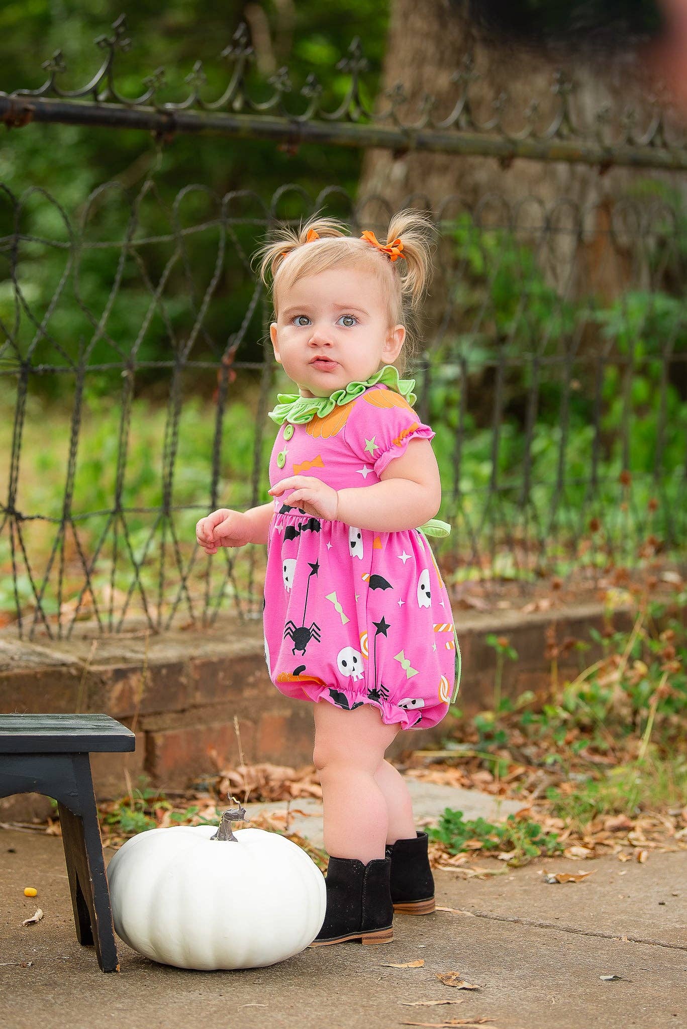 6M | Posh Pickle | Boo! Pink Knit Halloween Print Bubble with Lime Green Ruffle Collar | NWT