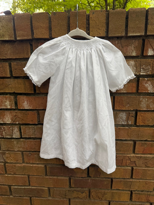 Newborn White Smocked Short-sleeve Gown with Lace Trim EUC
