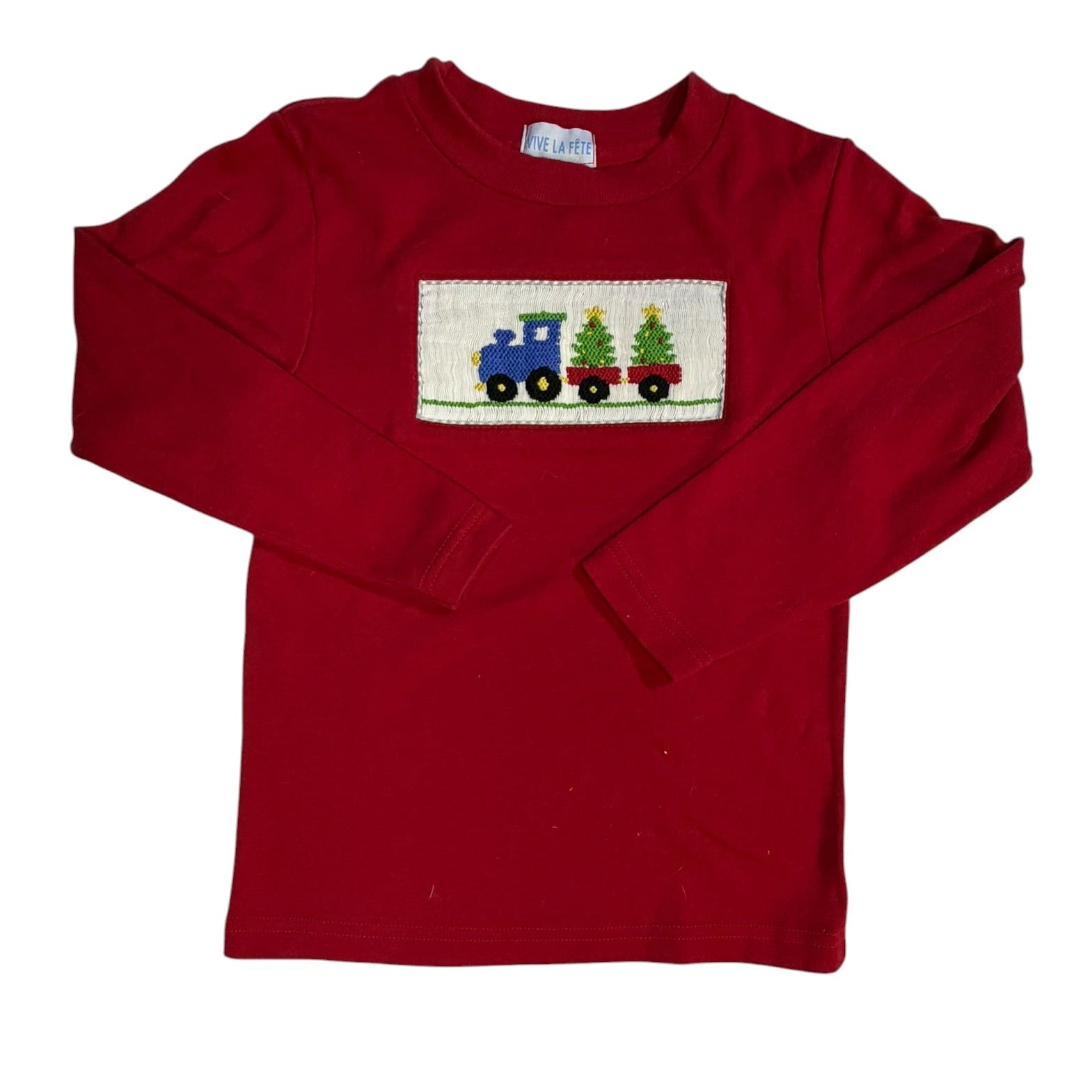 3 Vive La Fete Red Long-sleeve Smocked Christmas Train Shirt GUC