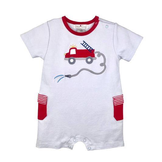 24M | Petit Ami | Fire Truck Applique Knit Romper | NWT