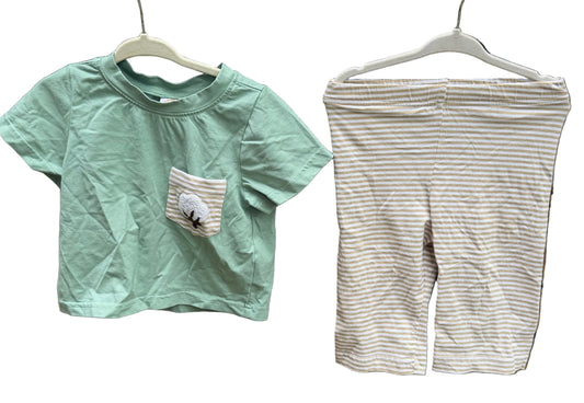 12M Grace Honey Smocks Green Magnolia Pocket Shirt with Matching Striped Pants GUC