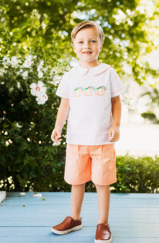 18M | Posh Pickle | Proper Pumpkins Embroidered White Woven Top & Orange Gingham Shorts Set | NWT