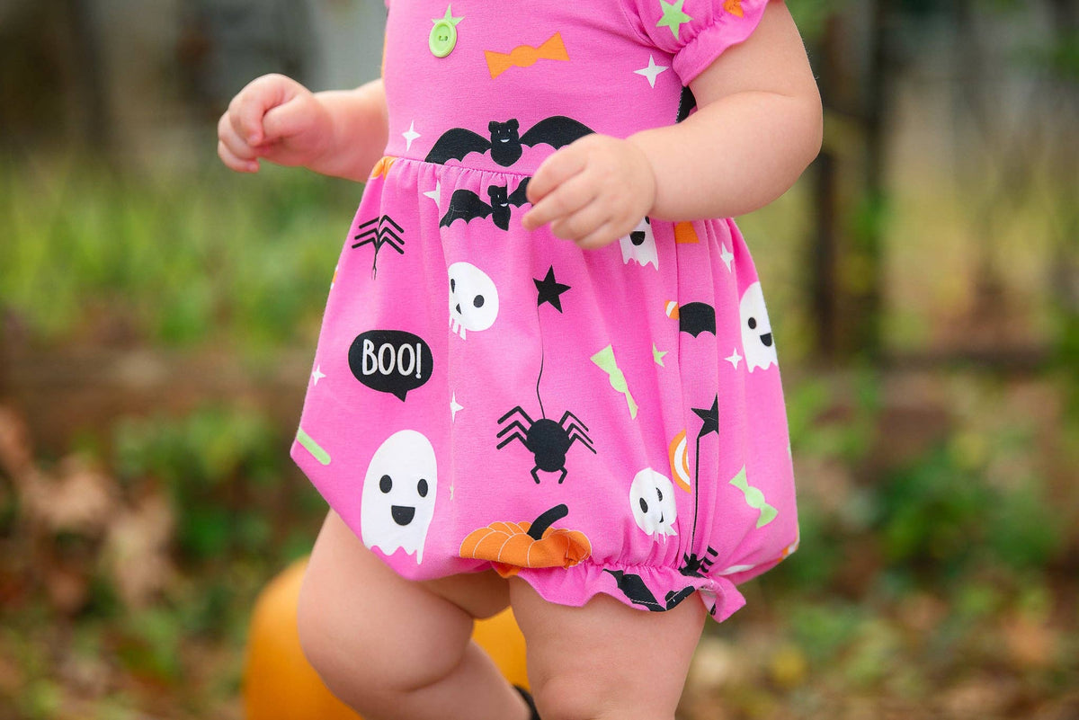 6M | Posh Pickle | Boo! Pink Knit Halloween Print Bubble with Lime Green Ruffle Collar | NWT