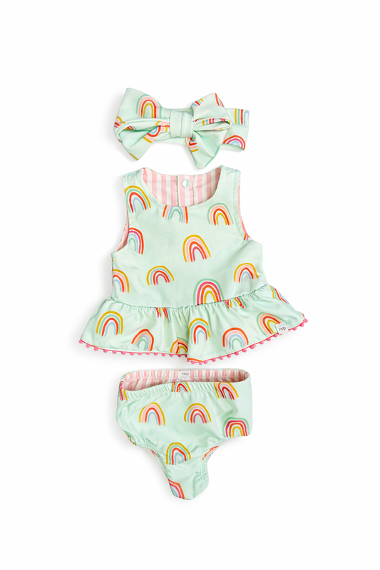 Mud Pie Three-Piece Rainbow Swimsuit size 3-6M excellent used condition