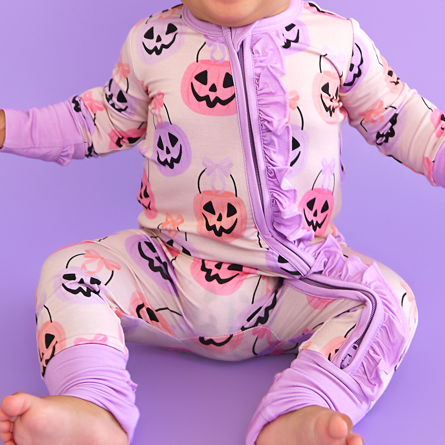 0-3M | Gigi and Max | Emmy Ruffle Zip Bamboo Halloween Pumpkins Baby Outfit | NWT