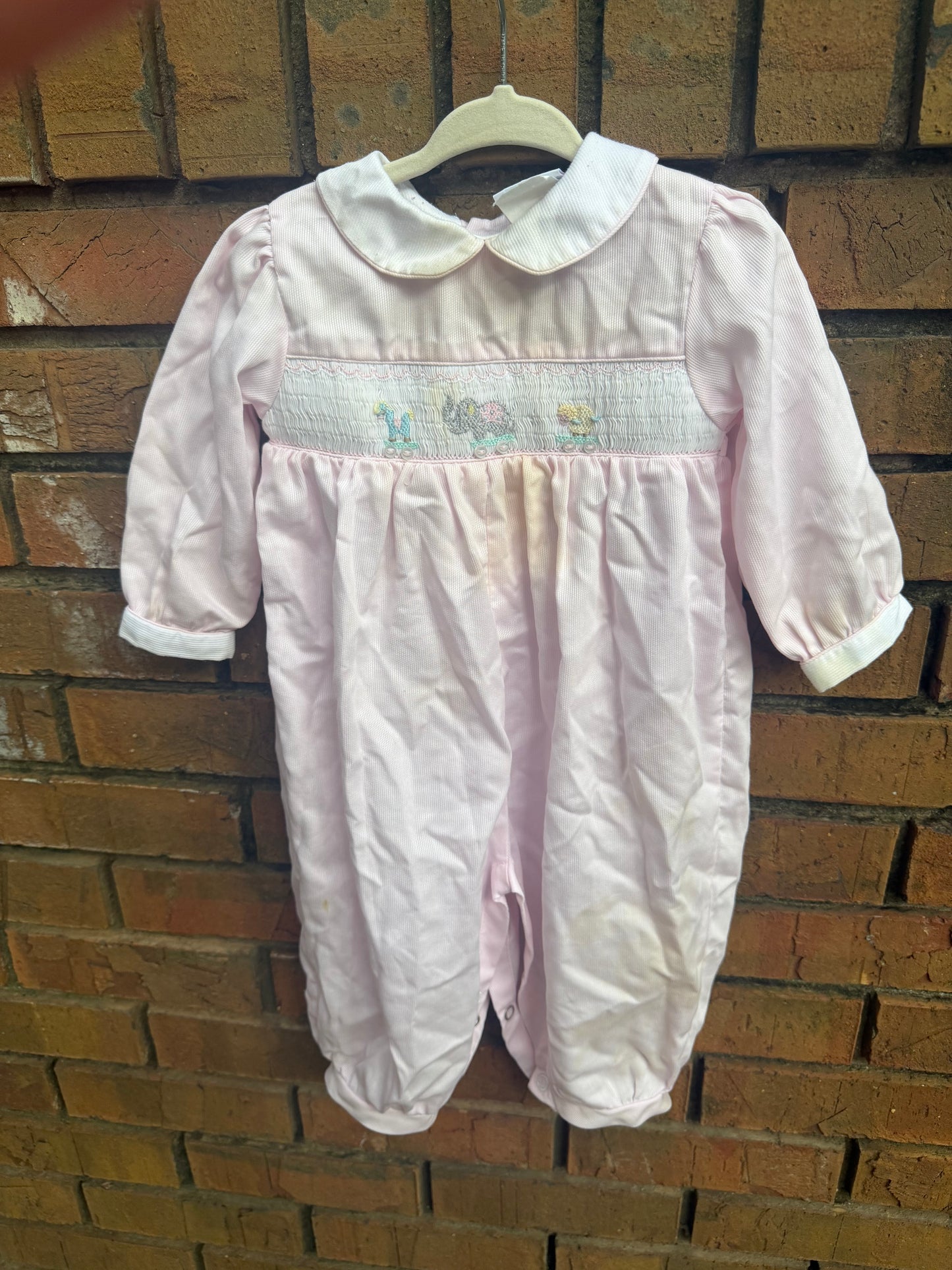 9M Petit Ami Long-sleeve Corduroy Smocked Baby Animal Romper with Peter Pan Collar Play