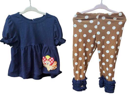 12-18M Navy Turkey Blouse with Brown & White Polka Dot Ruffle Pants - Play