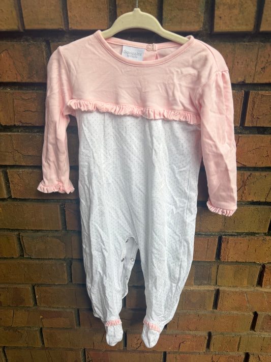 6-9M Squiggles by Charlie Baby Pink and White with Blue Polka Dots Long-sleeve Ruffle Romper EUC