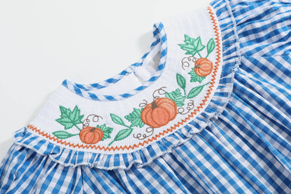 6-12M | Lil Cactus | Blue Gingham Pumpkin Smocked Ruffle Romper | NWT