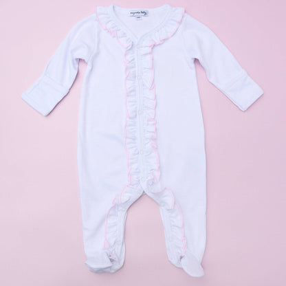 6M | Magnolia Baby | Baby Girl White Ruffle Footie with Pink Trim | NWT