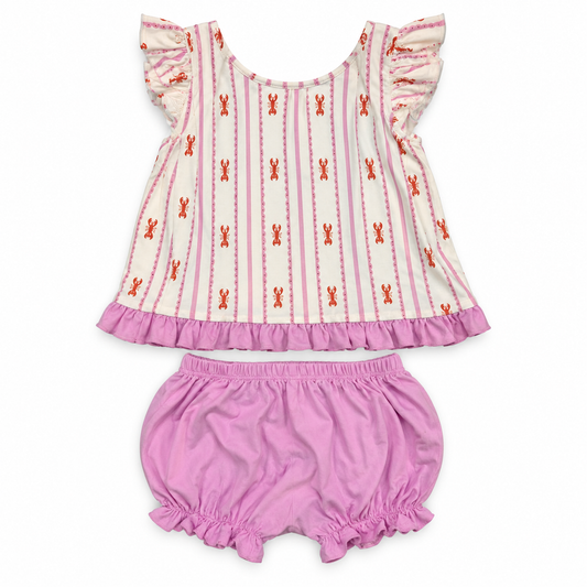 James and Lottie 4T pink and white striped crawfish outfit with bloomers