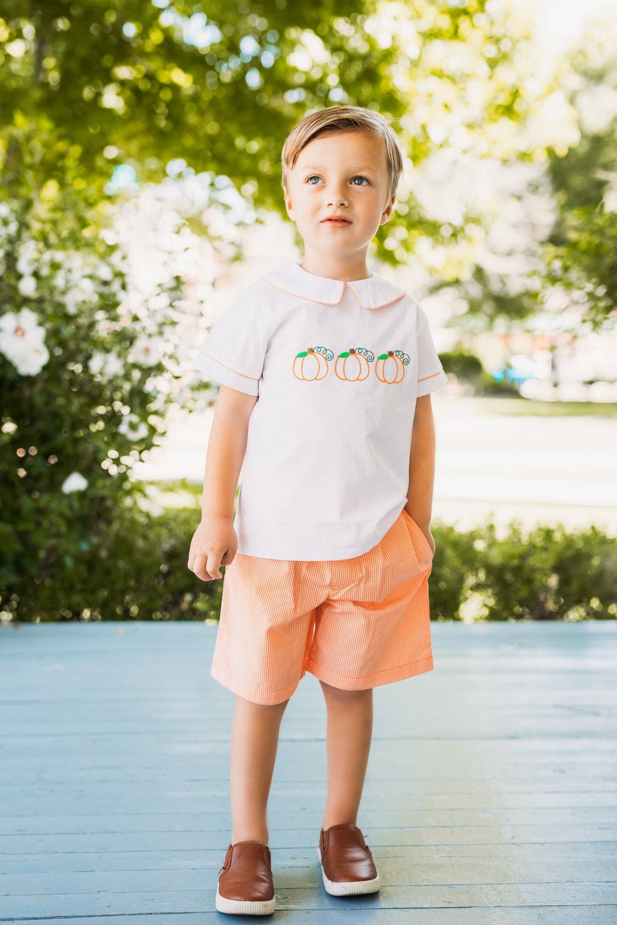 18M | Posh Pickle | Proper Pumpkins Embroidered White Woven Top & Orange Gingham Shorts Set | NWT